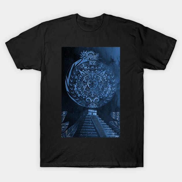 quetzalcoatl and the aztec calendar in teotihuacan ecopop mexican pattern T-Shirt by jorge_lebeau